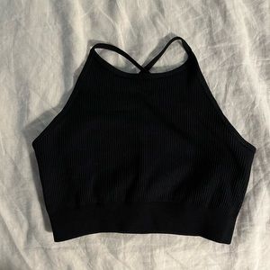 Black ribbed halter top workout top with open back